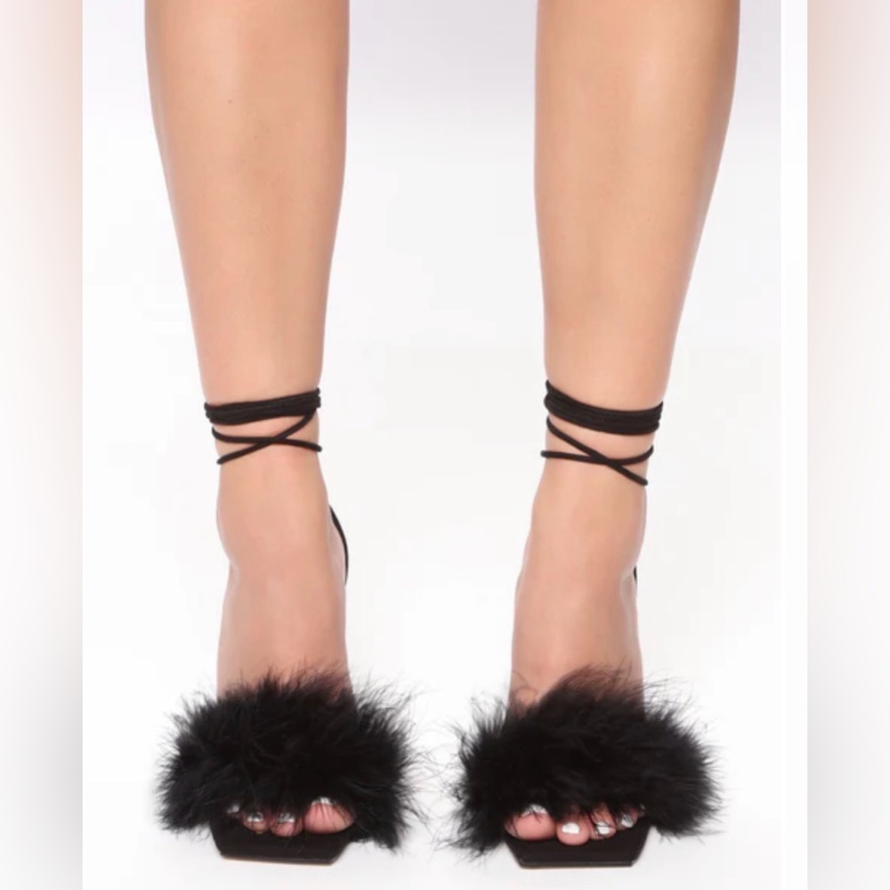 NWT Black Marabou Lace-Up Wedge Heel Sandals - Picture 2 of 4